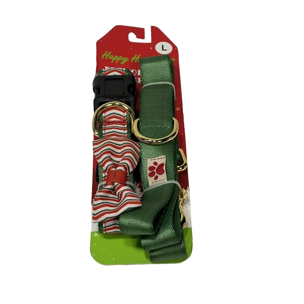 NEW happy holidays pet dog collar & leash size large 21-28 inches‎ leash 4 feet